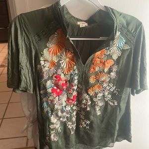 TINY by Anthropology Green floral embroidered top size small